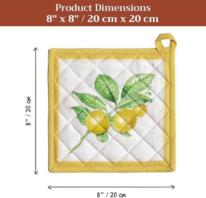 Maison d' Hermine Pot Holders 100% Cotton Potholders (8" x 8", Pack of 1) | Heat Resistant Hot Pads with Loop BBQ Cooking Baking Farmhouse Kitchen Handling Hot Pans Spring Summer - Limoncello