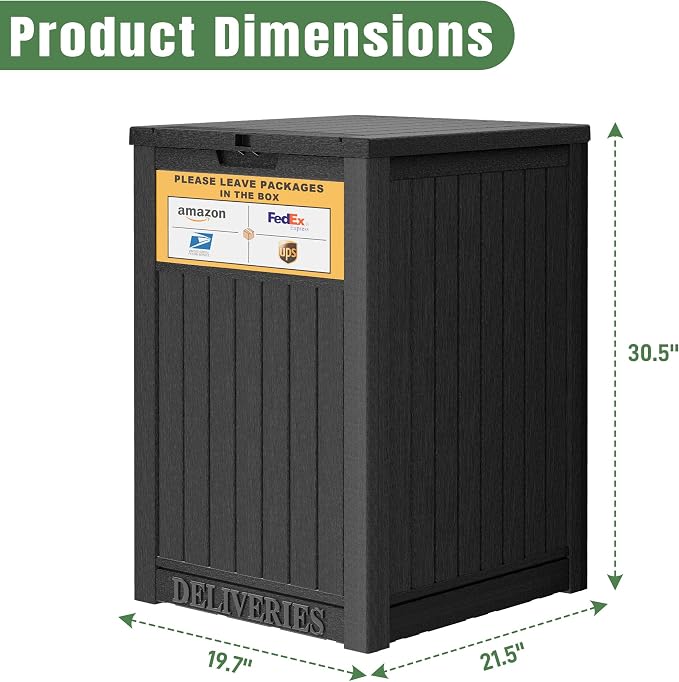 Outdoor Package Delivery Box with Lockable Secure and Sign, Resin Waterproof Outdoor Package Drop Container for Backyard, Garden, Patio & Lawn, Black with Sign