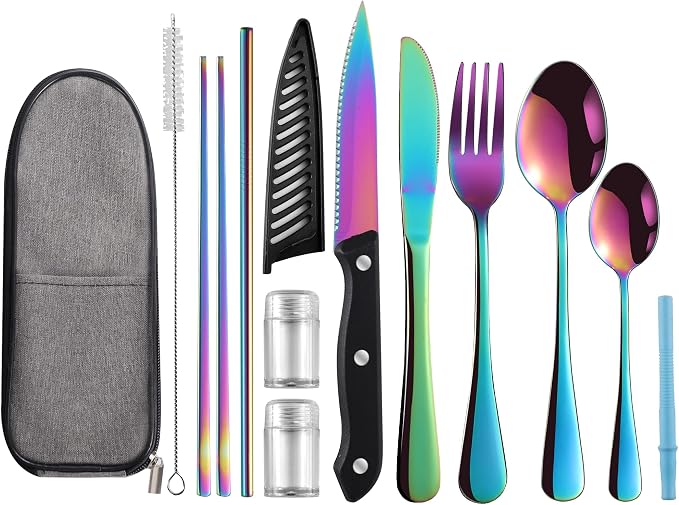 Logcow Travel Utensils Set with Case, 10-Piece Reusable Stainless Steel Camping Cutlery, Portable Fork Spoon Knife Chopsticks & Straw for Work, Lunch, Picnic (Rainbow)