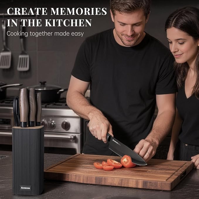 Astercook Knife Set, 6-Piece Kitchen Knife Set with Block, High Carbon Stainless Steel Ultra Sharp Kitchen Knives, Wood Grain Handle, Dishwasher Safe Knife Block Set, Black, Kitchen Utility Knives