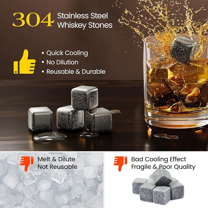 Kollea Whiskey Stones, 8 Packs Stainless Steel Whiskey Chilling Rocks, Reusable Ice Cube for Drinking, Cool Birthday Gift for Men Dad, Boyfriend, Beer Lover, Bourbon, Scotch, Gin, Beverage, New Year