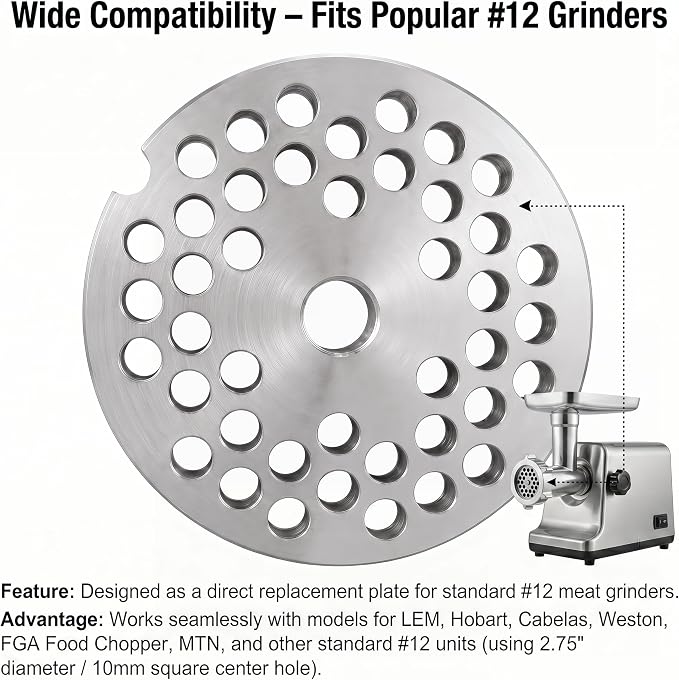 2 Pack #12 Meat Grinder Plate for LEM, Hobart, Cabelas, Weston – 6mm Hole Plate, 2.75" Heavy Duty Stainless Steel Replacement Disc for Standard #12 Grinders