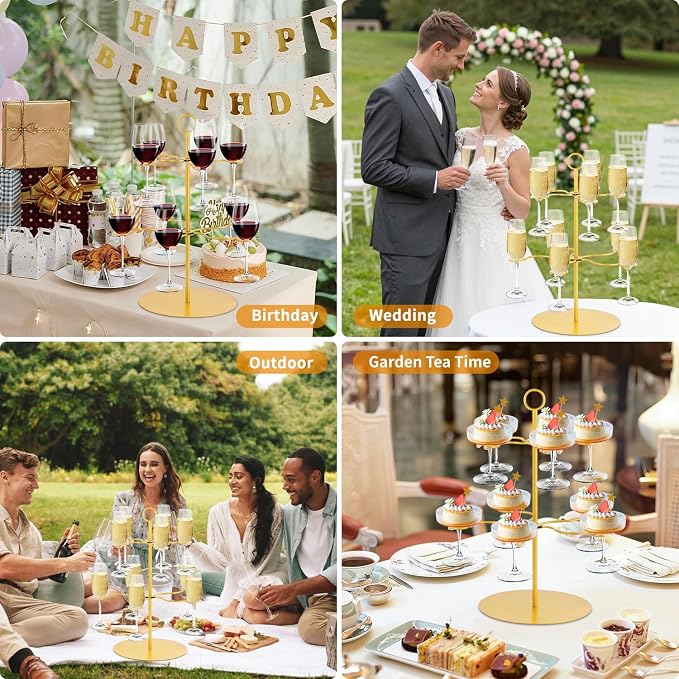 QPIX DIGITAL Champagne Tower,Metal Cocktail Tree Stand 2 Tier - 10 Holders For Champagne, Cocktails, Martini, Margarita Cups at Weddings,Bridal Parties & Events,Cocktail Glass Gold Holder