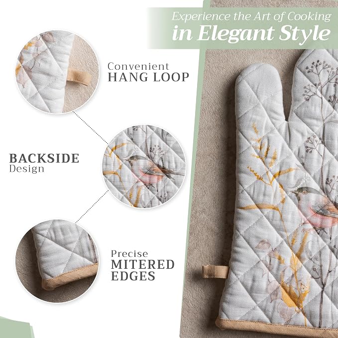 Maison d' Hermine 100% Cotton Oven Mitt & Pot Holder Set (7.5"x13" & 8"x8") | Heat Resistant BBQ Cooking Gloves with Loop Baking Grilling Kitchen Home Farmhouse Spring Summer - Meadow Florals - Beige