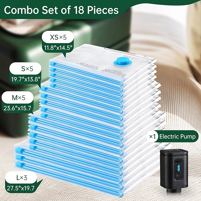 BRODI 18 Combo Pack Travel Vacuum Bags with Pump - Space Saver & Travel Essentials, Clothing & Luggage Vacuum Seal Bags