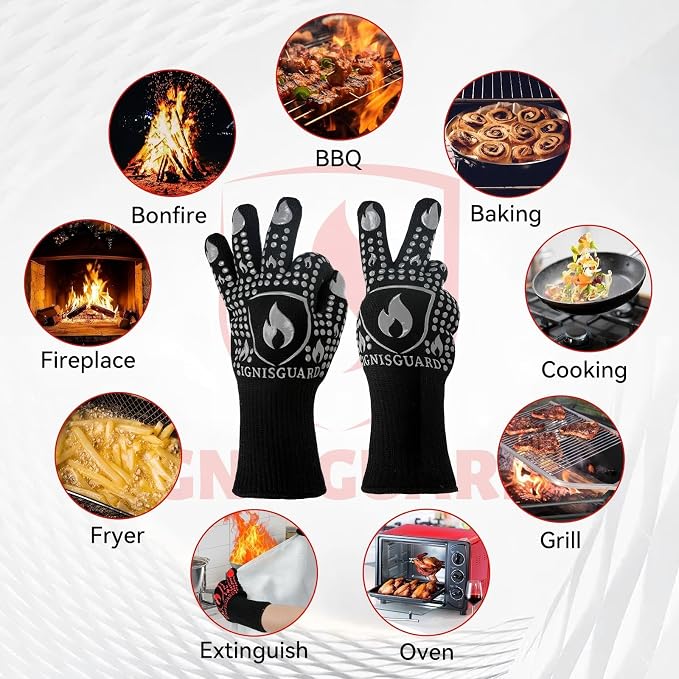 BBQ & Grill Gloves, Oven Gloves, 1472°F Silicone Oven Mitts Heat Resistant Grilling Gloves Fireproof Non-Slip for Barbecue Cooking Baking Smoking, 1-Pair (Gray, Medium)