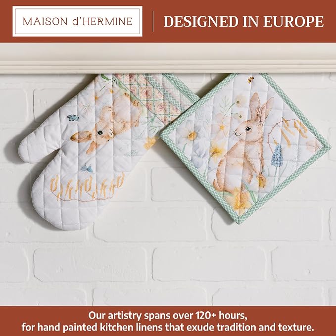 Maison d' Hermine 100% Cotton Oven Mitt & Pot Holder Set (7.5"x13" & 8"x8") | Heat Resistant BBQ Cooking Gloves with Loop Baking Grilling Kitchen Hotel Home Farmhouse Spring Summer - Easter Dew