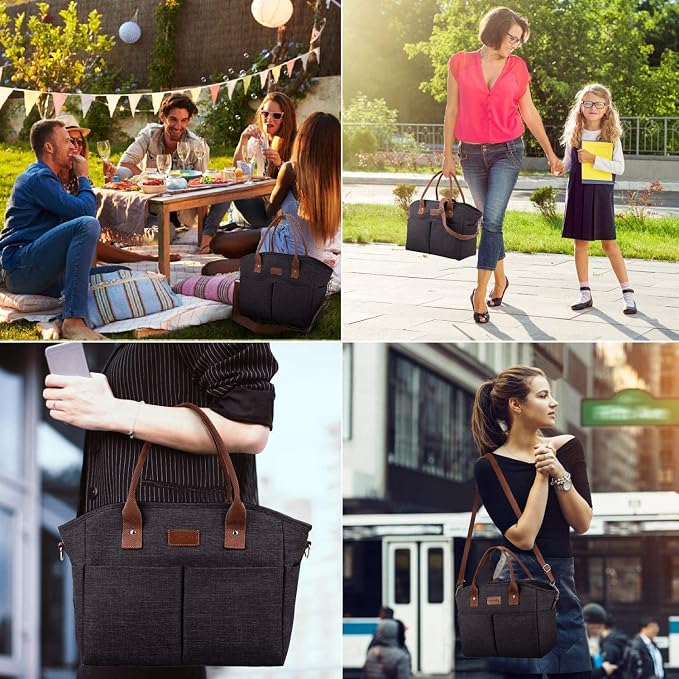 Lunch Bags for Women Insulated Thermal Lunch Tote Bag with Shoulder Strap Upgrade Large Lunch Box Container Drinks Holder for Adults Men Work Picnic Beach Park, Dark Black