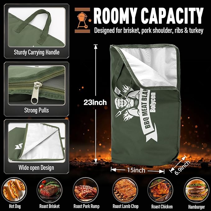 Upgraded BBQ Blanket for Resting Meat -Smoker Accessories Insulated Meat Resting Bag with Wide Mouth for Brisket/Steak/Pork Shoulder/Turkey - BBQ Accessories Grilling Gifts for Men (Green, 23inch)