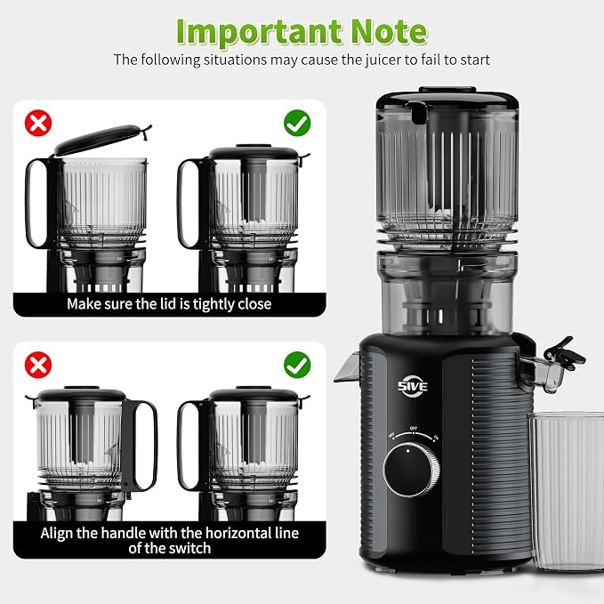 5ive Cold Press Juicer, 5.1 Inch Wide Chute Slow Masticating Extractor | 1.7 L Slow Juice Extractor for Whole Fruits Veggies, Easy Clean Electric Maker with Recipe Guide, Rate of 99% juice