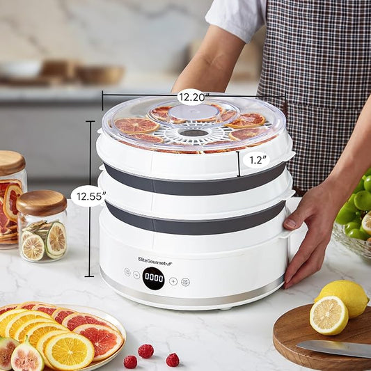 Elite Gourmet EFD329WD Digital Food Dehydrator, 5 SlimStore Trays, White | Adjustable timer & temp controls - BPA-free collapsible trays, compact storage - makes jerky, herbs, fruit, veggies & snacks