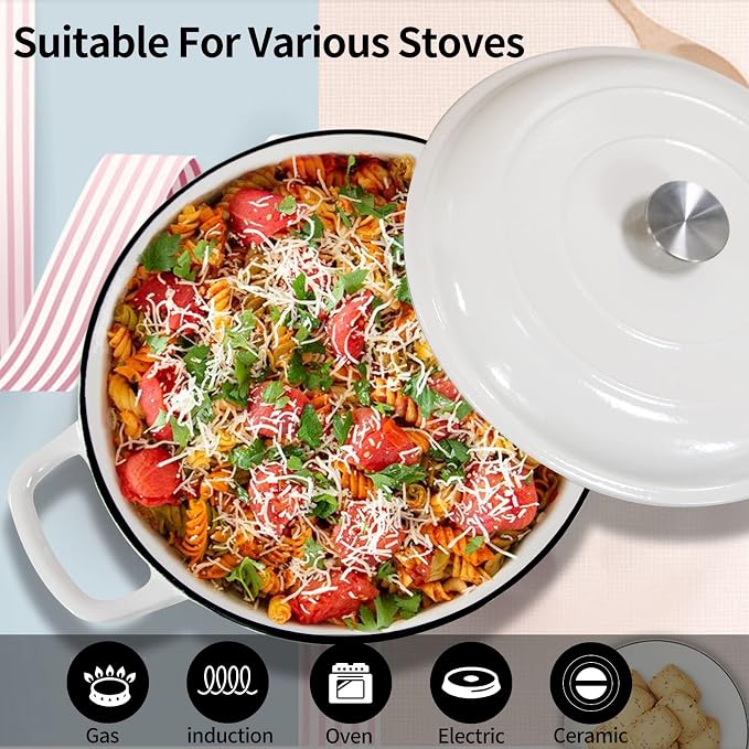 Enameled Cast Iron Braiser Pan, 3.8 Quart Shallow Dutch Oven with Lid, Heavy Duty Casserole Skillet with Dual Handles for Family or Friends Gifts, Oven-Safe to 500°F, White