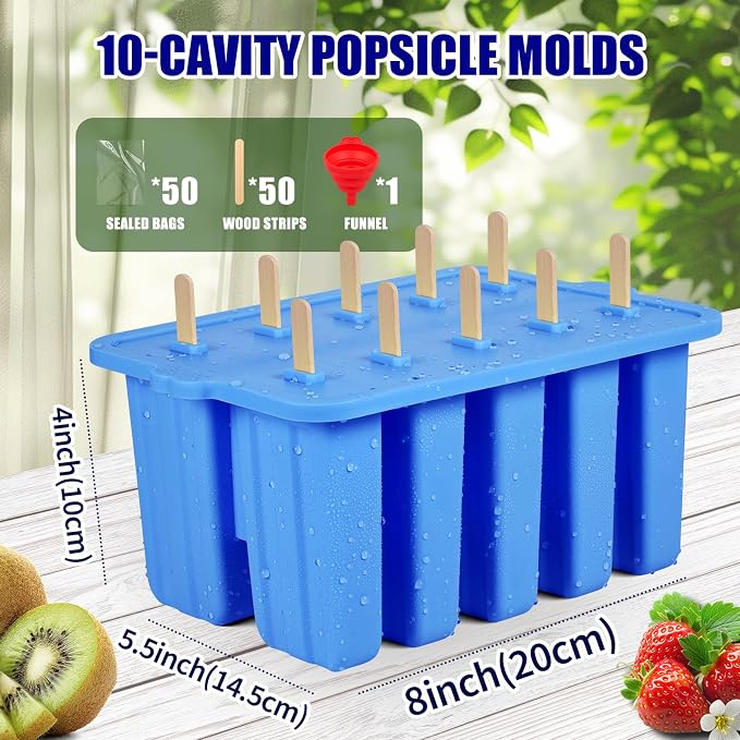 Silicone Popsicles Molds, Food Grade Popsicle Molds for Kids, Homemade Popsicle Mold, BPA Free Ice Cream Mold, lce Pop Molds Maker-with Popsicle Sticks, Popsicle Bags, Funnel (Blue)
