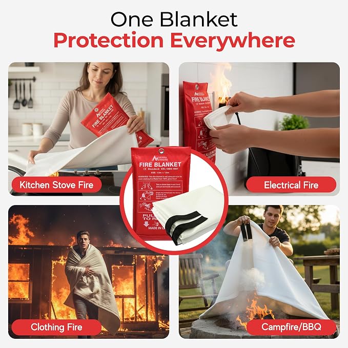 Sierra Madre Emergency Fire Blanket for Home and Kitchen – 100% Fiberglass Fire Suppression Blanket (40x40) for Car, Office & Camping – Instantly Smothers Flames – Lightweight & Reusable (Pack of 4)
