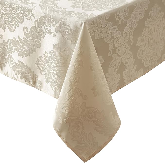 Newbridge Barcelona Luxury Damask Fabric Tablecloth, 60” Wide x 120” Rectangle, Golden Beige, 100% Polyester, No Iron, Soil Resistant Dining Room, Party and Banquet Table Cover