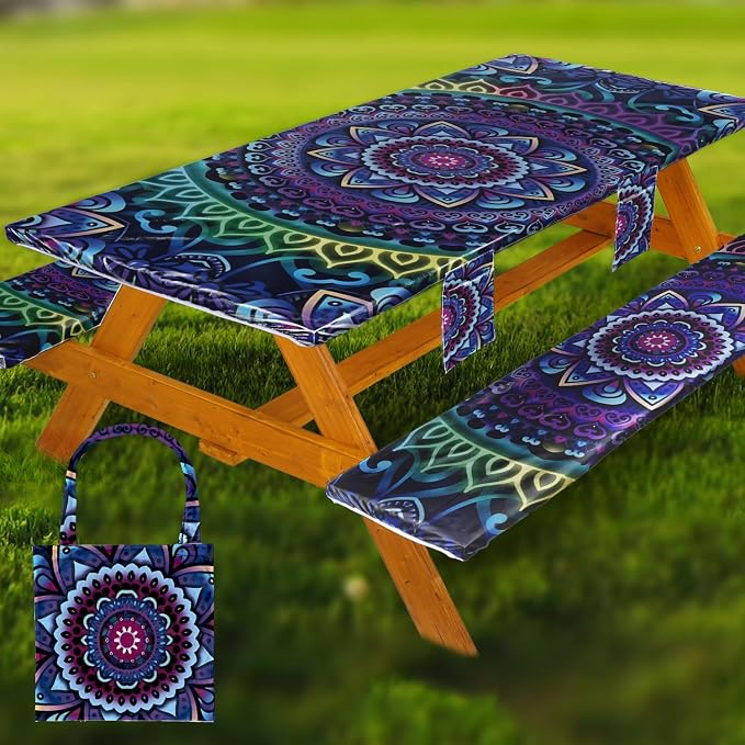 Wrakus Picnic Table Cover with Bench Covers Vinyl Elastic Edges Fitted Rectangle Seat Tables Waterproof 3-Piece72X30in Set Outdoor Rectangular Folding Backing Tablecloth for Camping Over Size