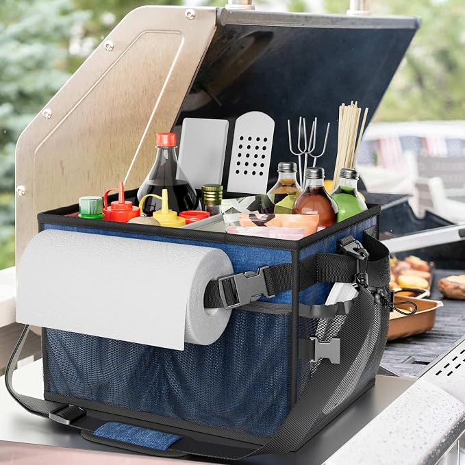 Grill Caddy, Foldable BBQ Caddy with Paper Towel Holder, Blue | 11 Compartments, Easy-Clean Aluminum Interior, 1680D Oxford Fabric, Water-Resistant, Shoulder Strap Included, Tailgating