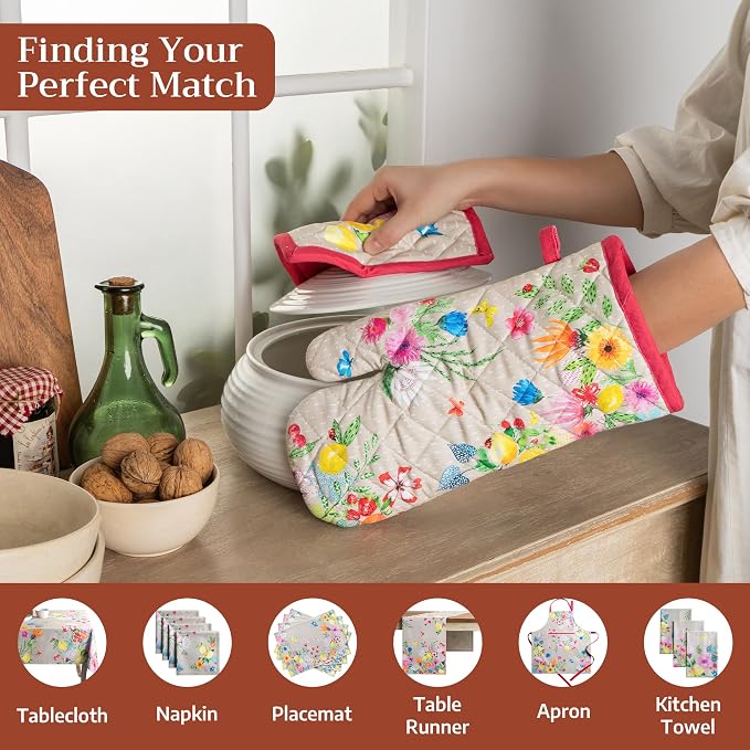Maison d' Hermine 100% Cotton Oven Mitt & Pot Holder Set (7.5"x13" & 8"x8") | Heat Resistant BBQ Cooking Gloves with Loop Baking Grilling Kitchen Hotel Home Farmhouse Spring Summer - Jardin D'Ete - Fog