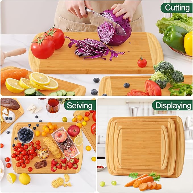 Homaxy Bamboo Cutting Boards for Kitchen Set of 3, Two-Tone | Wood Cutting Board with Juice Groove, Butcher Block Chopping Board for Kitchen, Meat, Fruit & Vegetables, Pre Oiled