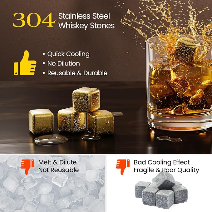 Kollea Whiskey Stones, 8-Pack Golden Stainless Steel Whiskey Chilling Rocks, Reusable Ice Cube for Drinking, Rum Cocktail Drink Accessories, Bartender Kit, House Warming Gifts, Drinking Bar, Christmas