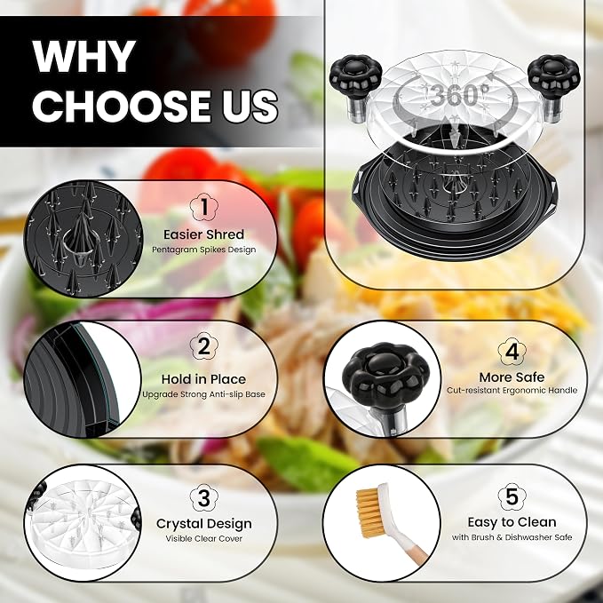 Chicken Shredder Tool Twist Large - Meat Shredders for Chicken Breast | 10'' Pro Visible Kitchen Gadgets Grinder Machine with Brush,Strong Anti-Slip Strip,Ergonomic Handle,BPA Free (Black)