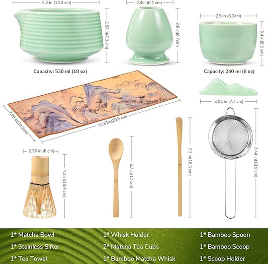 HELPLX Matcha Whisk Set 10-Piece Japanese Matcha Kit with BowlWhisk & Holder2 Tea CupsBamboo ScoopSpoonSifterScoop Rest & Tea Towel – Green Matcha Tea Set for Ceremony or Daily Use