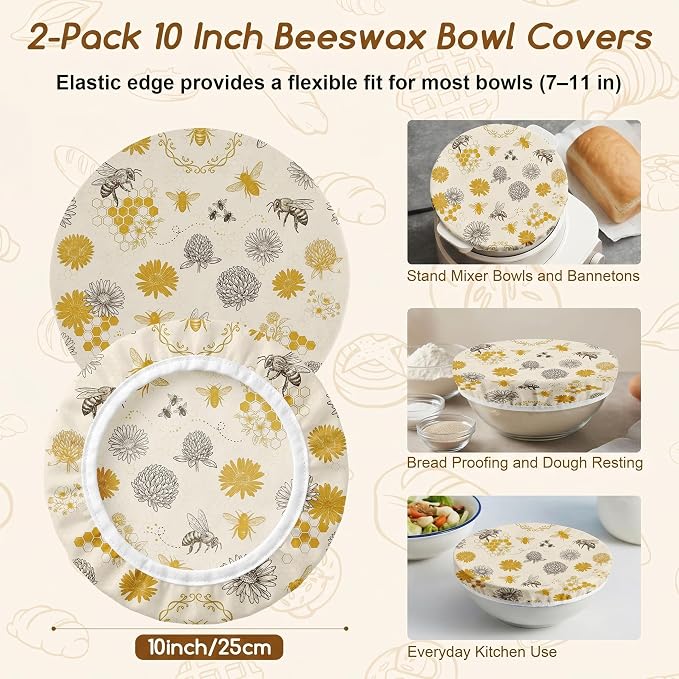 2Pcs Bee Theme Reusable Beeswax Bowl Covers Bread Sourdough Bowl Covers for Proofing Yellow Floral Reusable Elastic Bread Sourdough Cover Wrap Dough Proofing Food Storage Kitchen Baking Supplies