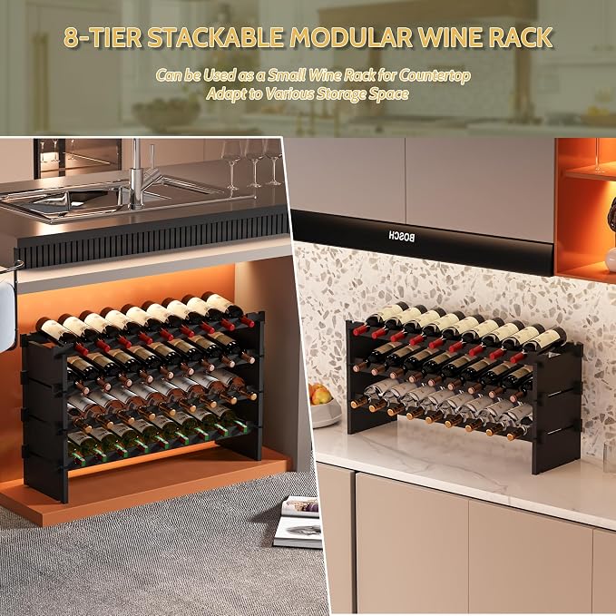 Bamboo Large Wine Rack, 8-Tier Freestanding Floor Bottle Storage Holder | 69-Bottle Storage | Wooden Wine Storage Organizer Shelves for Kitchen Bar, Cellar, & Dining Room | Black | Anti-Tip Kit