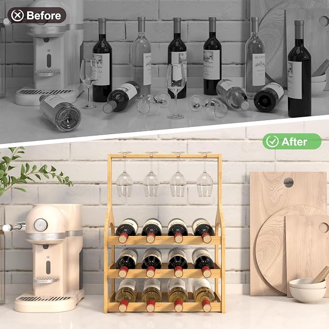 Bamboo Small Wine Rack Countertop, Freestanding Bottle Storage Holder | 12 Wine Bottles and 4 Glass Holder | Wooden Wine Storage Organizer Shelves for Kitchen Bar, Cellar, & Dining Room | Natural