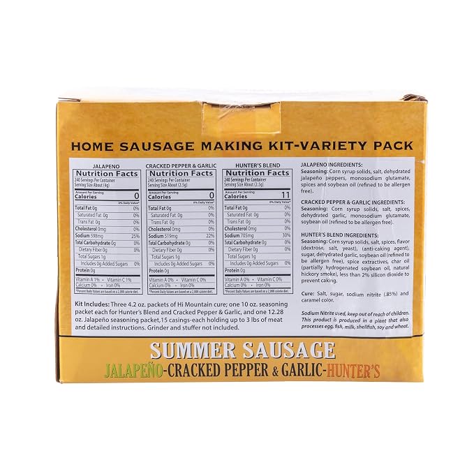 Hi Mountain VARIETY PACK Summer Sausage Kit | JALAPENO, CRACKED PEPPER & GARLIC & HUNTER'S BLEND. Seasoning, cure & 15 casings. Beef, venison, deer, elk. Up to 45 lbs