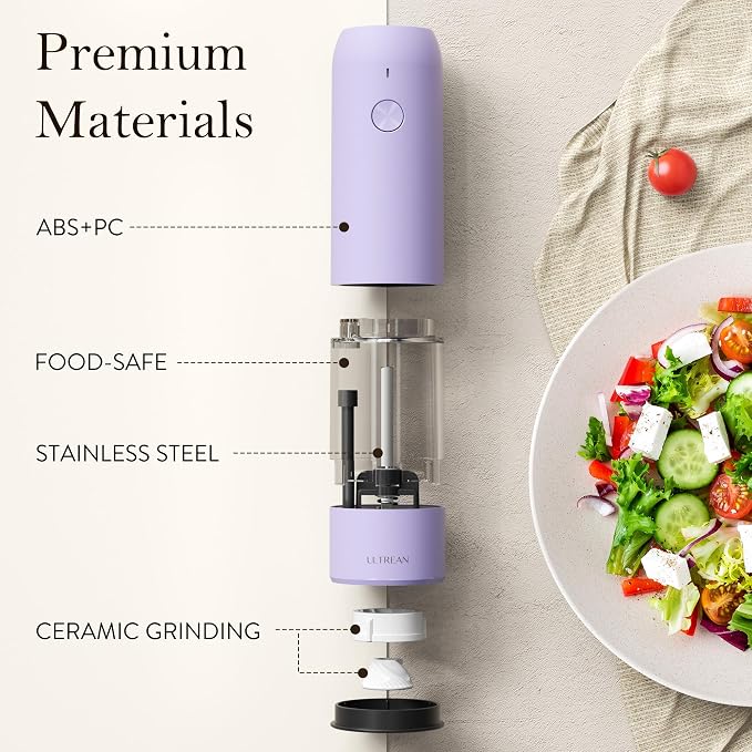 Ultrean Pepper Grinder, Rechargeable Salt and Pepper Grinder with 6 Adjustable Coarseness, LED Light, Automatic Salt and Pepper Shakers, Kitchen Gadgets, Gifts for Women, Lavender Purple