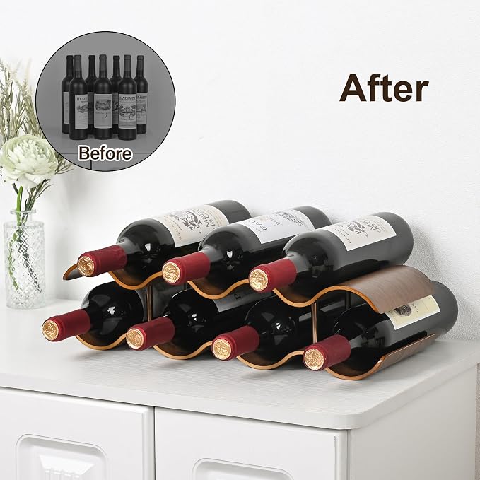 Countertop Wine Rack - 7 Bottle Freestanding Wine Bottle Holder Stand - 2 Tier Wooden Wine Storage Rack - Walnut Wavy Wine Organizer for Cabinet Pantry Home Kitchen Bar