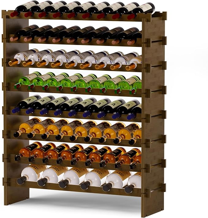 Bamboo Large Wine Rack, 8-Tier Freestanding Floor Bottle Storage Holder | 69-Bottle Storage | Wooden Wine Storage Organizer Shelves for Kitchen Bar, Cellar, & Dining Room | Walnut | Anti-Tip Kit
