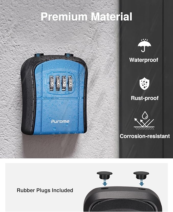 Puroma Key Lock Box Outdoor 4 Digit Code Combination Lockbox House, 1 Blue | For Contractors Guest Realtor Storage Keys, Portable, Home Wall Mount, Resettable, Combination, Weatherproof, High-capacity