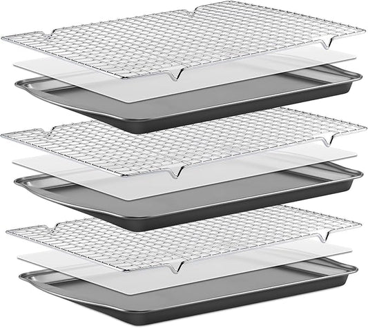 BEWOS Baking Sheet Pans With Racks Set - Including 17.6 × 12 × 1.26 Inch Carbon Steel Baking Sheet, Set of 106 (3 Sheets + 3 Cooling Racks + 100 Parchment Paper), Nonstick Bakeware sets for Baking