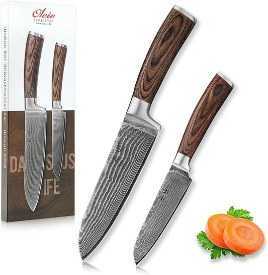 Wakoli EDIB 2-Piece Santoku Damascus Knife Set | Genuine Damascus Steel Blades with VG10 Core | Ergonomic Pakkawood Handles | Professional Kitchen Knife Set in Gift Box