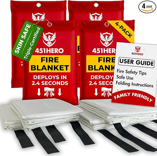 Emergency Fire Blanket – 4 Pack, Triple Certified, Comfort Weave Skin-Safe Fiberglass, Fire Blankets for Home, Kitchen, RV, Camping & Emergency Kits | Multi-Zone Fire Protection for Families