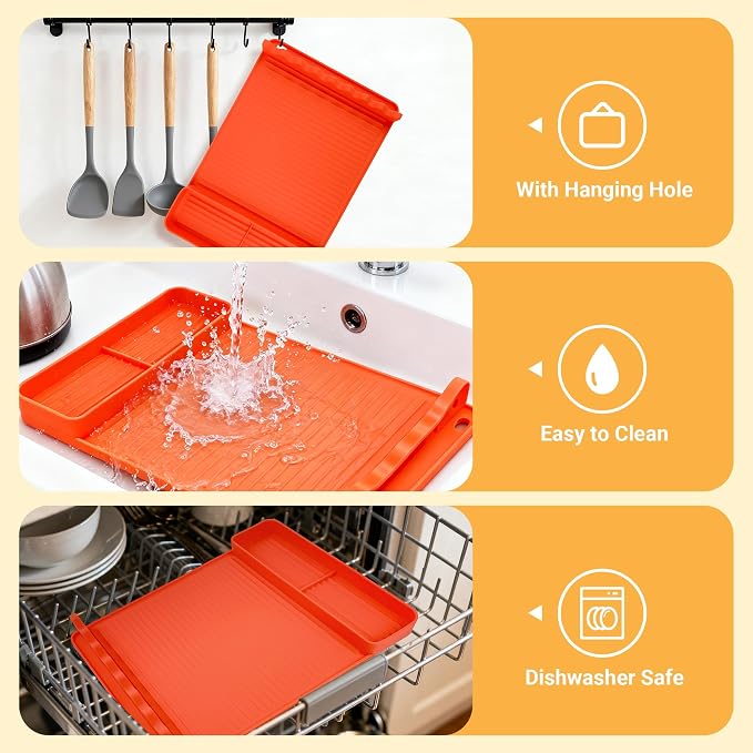 Silicone Grill Mat for Blackstone Griddles & Outdoor Grills - Heat Resistant (450°F) Countertop Protector, Non-Slip Tool Organizer & Grease Catcher, 16x11.5 Inch(Orange)
