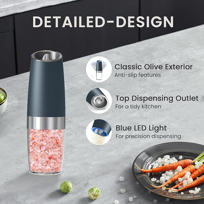 Battery Operated Salt And Pepper Grinder Set with LED Light, Automatic Electric Gravity Salt And Pepper Shakers Set, Each 6 AAA Batteries Needed, Adjustable Roughness, 2 Pack (Grey)