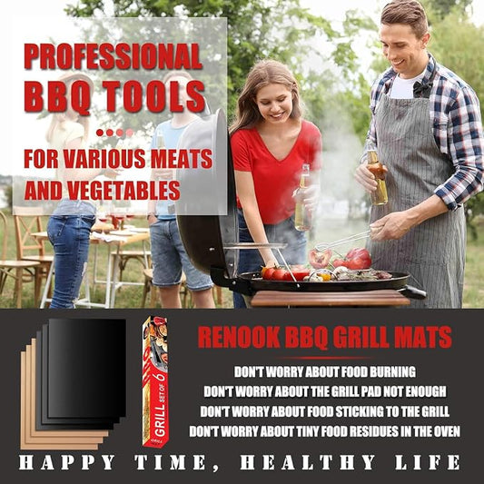 Grill Mats for Outdoor Grill, Set of 6 （3 Black+3 Copper）Grill Mat for Gas Grill, Non-Stick Sheets for Grilling, 15.75 X 13 Inch