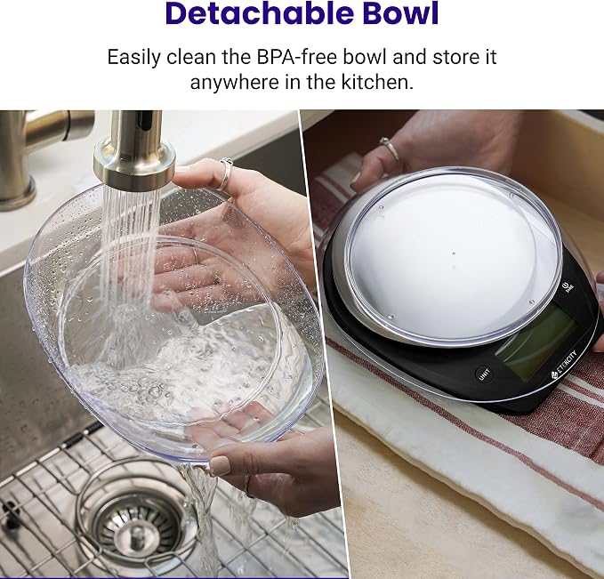 Etekcity 0.1g Food Scale, Bowl, Digital Grams and Ounces for Weight Loss, Dieting, Baking, Cooking, and Meal Prep, 11lb/5kg, Stainless Steel Black | 11lb/5kg capacity with tare, removable bowl, ideal for baking, coffee, meal prep and portion control, S...