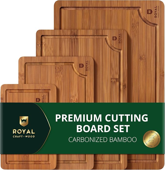 ROYAL CRAFT WOOD Wooden Cutting Boards for Kitchen Meal Prep & Serving - Bamboo Non Toxic Cutting Board Set with Deep Juice Groove Side Handles - Charcuterie & Chopping Butcher Block for Meat (4 Pcs)