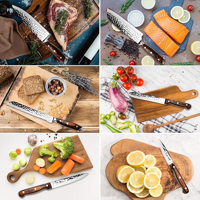Kitchen Knife Set,15-Piece Knife Set With Block Wooden,Self Sharpening For Chef Knife Set,High Carbon Japan Stainless Steel Hammered Collection Knife Block Set with Steak Knives, Boxed Knife Set | Hammered Collection, Japan Stainless Steel, with 6Pcs S...