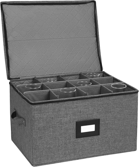 Mayniu Stemware Storage Cases, Wine Glass Storage Box with Dividers | Hard Shell Top, Stackable for Crystal, Glassware Storage Containers for Packing, Moving & Home (17"x13"x10" Black)