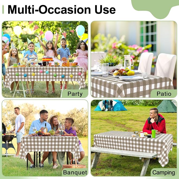 4 Packs Buffalo Disposable Table Cloth, 54 x 72 Inch Waterproof Plastic Tablecloth, Rectangle Khaki and White Checkered Table Covers for Picnic, Birthday, Party, Back to School