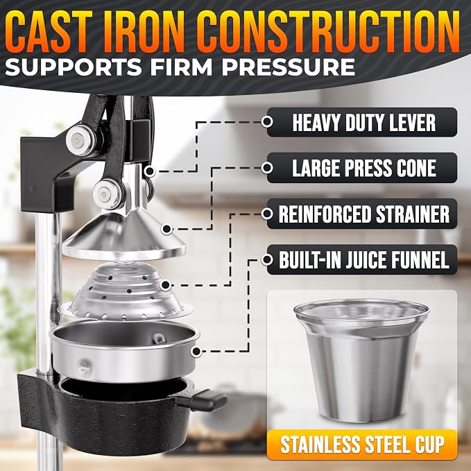 Cast Iron Juicer Hand Press, Heavy-Duty Squeezer, 304 Stainless Steel Bowl – One Pull Extracts Full Juice – Manual Citrus Press Juicer & Orange Squeezer for Lemon, Lime & Lemonade at Home Bar (Black)