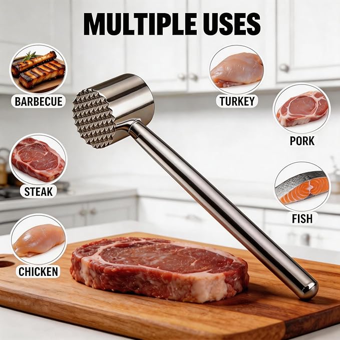 Stainless Steel Meat Tenderizer 18/8 Food Grade Kitchen Mallet Steak Pounder Flatterner for Beef and Poultry - Commercial Quality 100% Dishwasher Safe