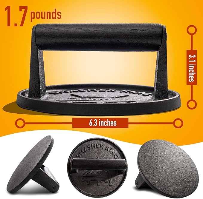 SMASHER KING™ - Premium Cast Iron Smash Burger Press incl. 25 pcs of Pat | ty Paper, Burger Smasher for Griddle with Black Wood Handle, Perfect Hamburger Press