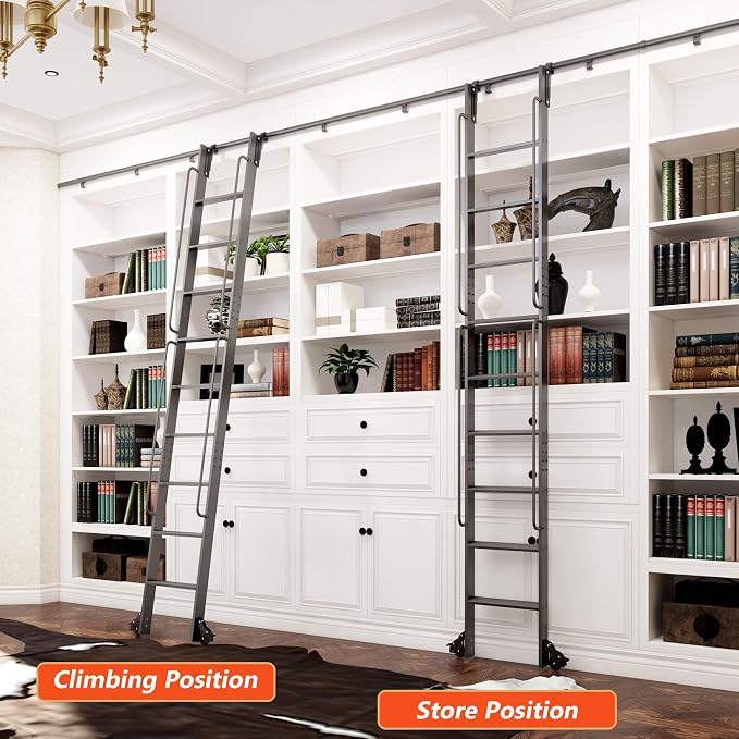DIYHD 108" Rolling Library Ladder with Handrail, 4FT Sliding Rail, Black | 9-Step lightweight ladder with space-saving upright storage, Telescopic top hooks, Locking bottom rollers, 300lbs capacity