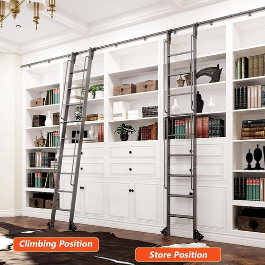 DIYHD 120" Rolling Library Ladder with Handrail, 4FT Sliding Rail, Black | 10-Step lightweight ladder with space-saving upright storage, Telescopic top hooks, Locking bottom rollers, 300lbs capacity